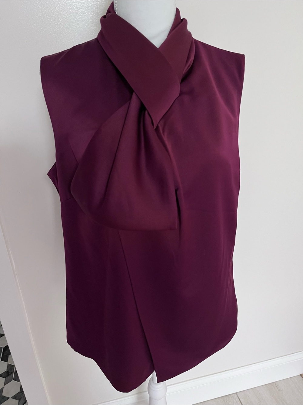 Sleeveless Draped Twist-Neck Blouse in Plum